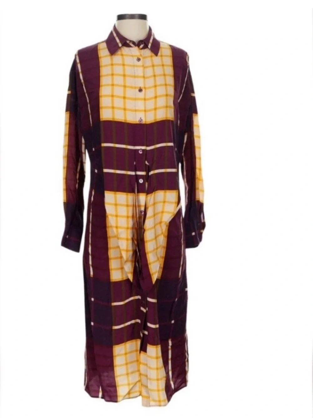 Staud Eclectic Prep Burgundy Mustard Plaid TieFront Midi Dress Dark Academia - Picture 5 of 7
